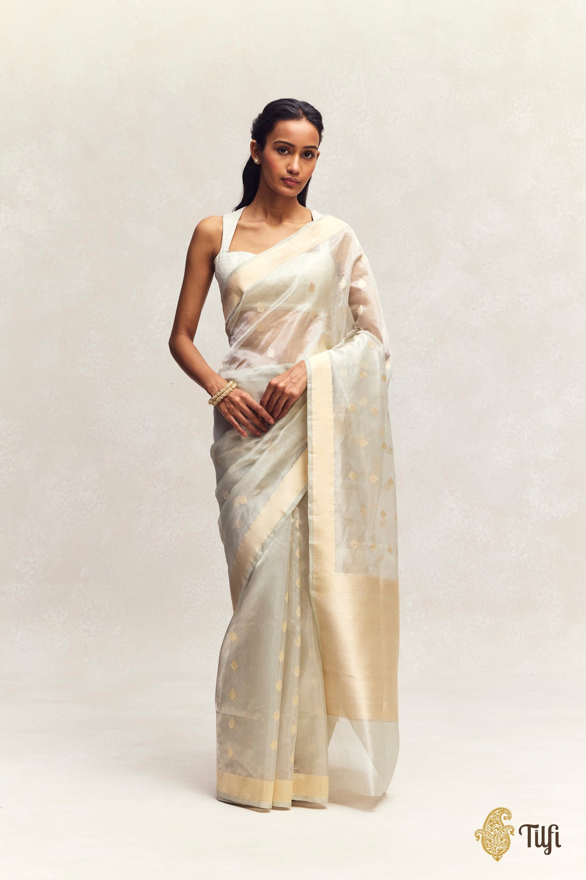 Pastel Green Kadhua Gold Booti Kora Tissue Saree