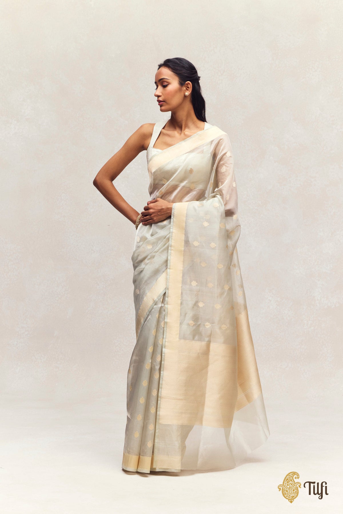 Pastel Green Kadhua Gold Booti Kora Tissue Saree