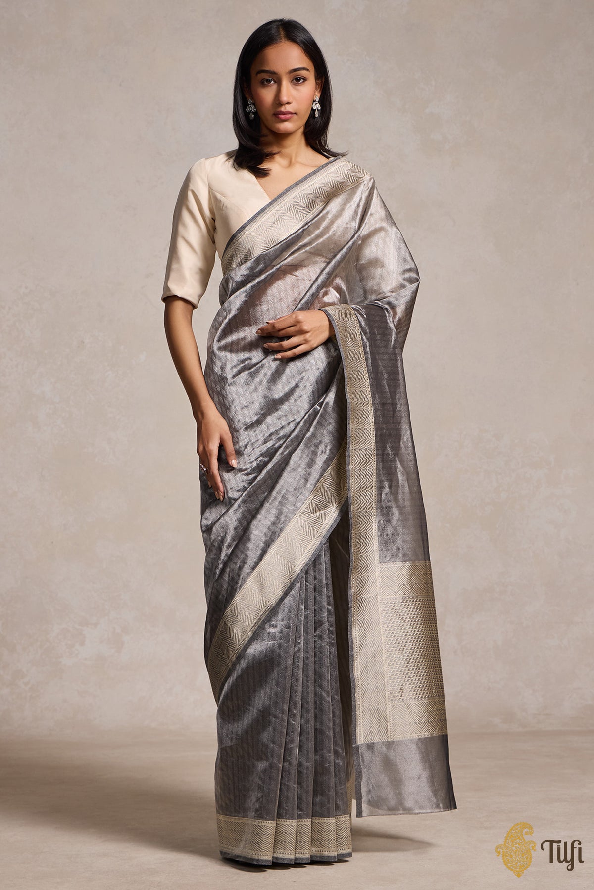 Black-Silver Pure Kora Silk Tissue Banarasi Handloom Saree