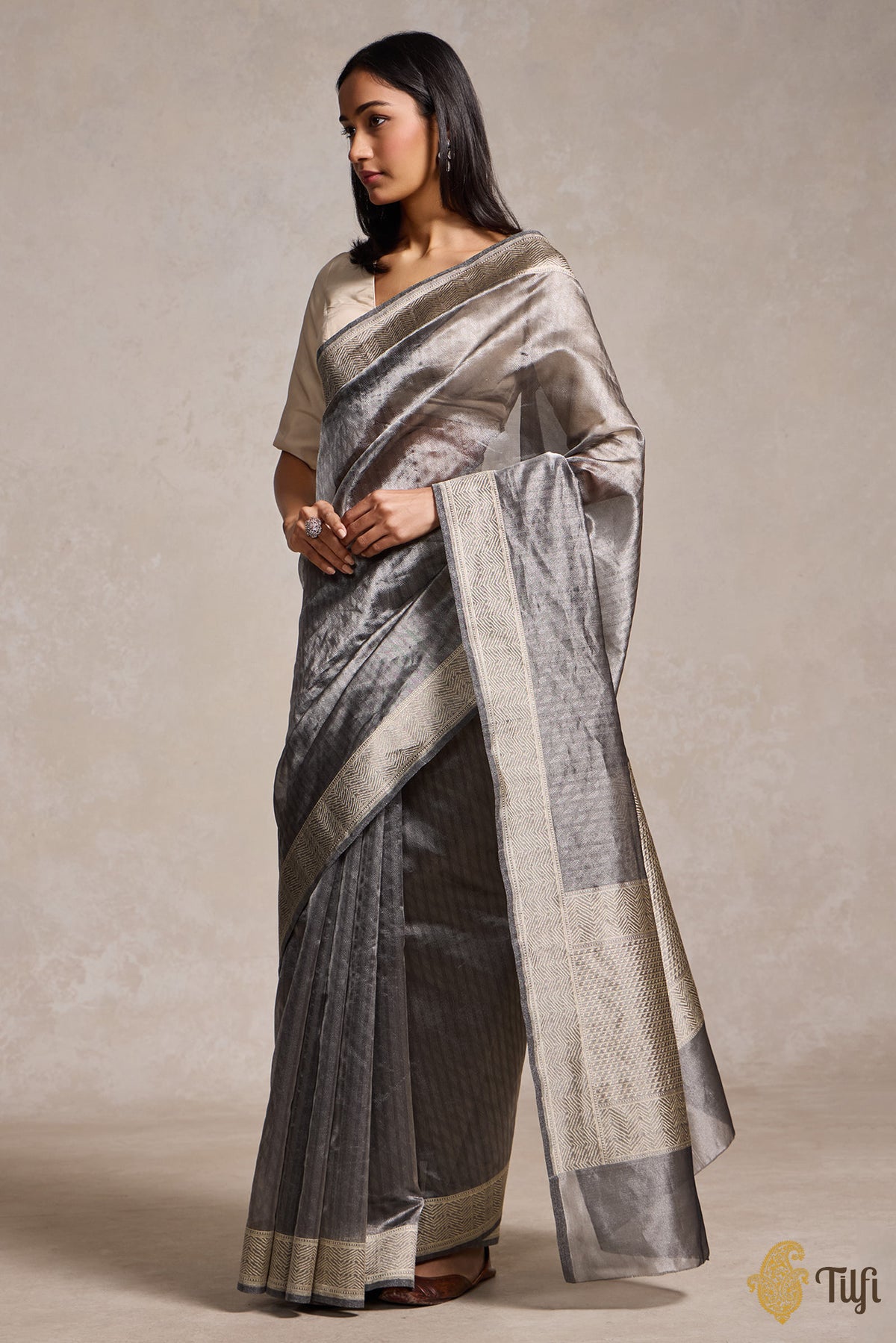 Black-Silver Pure Kora Silk Tissue Banarasi Handloom Saree