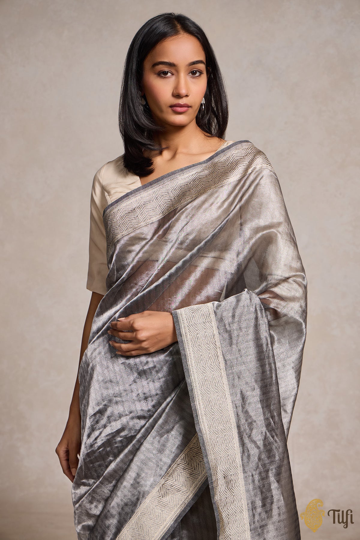 Black-Silver Pure Kora Silk Tissue Banarasi Handloom Saree