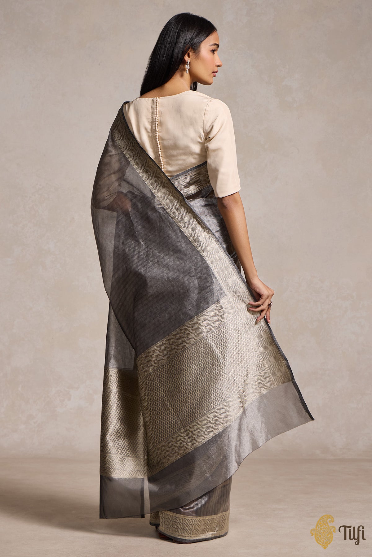 Black-Silver Pure Kora Silk Tissue Banarasi Handloom Saree