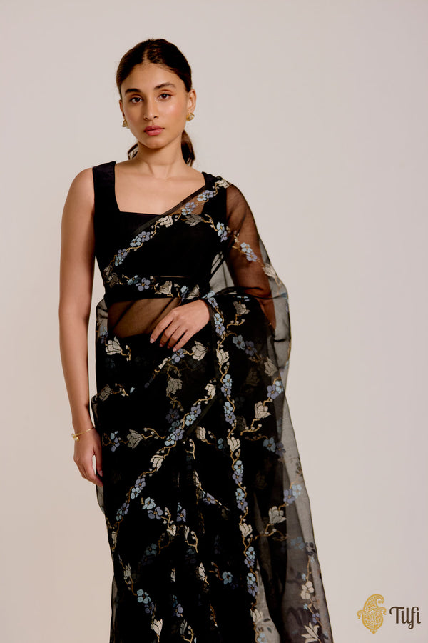 'Haru' Black Pure Cotton Jamdani Real Zari Banarasi Handloom Saree - Tilfi