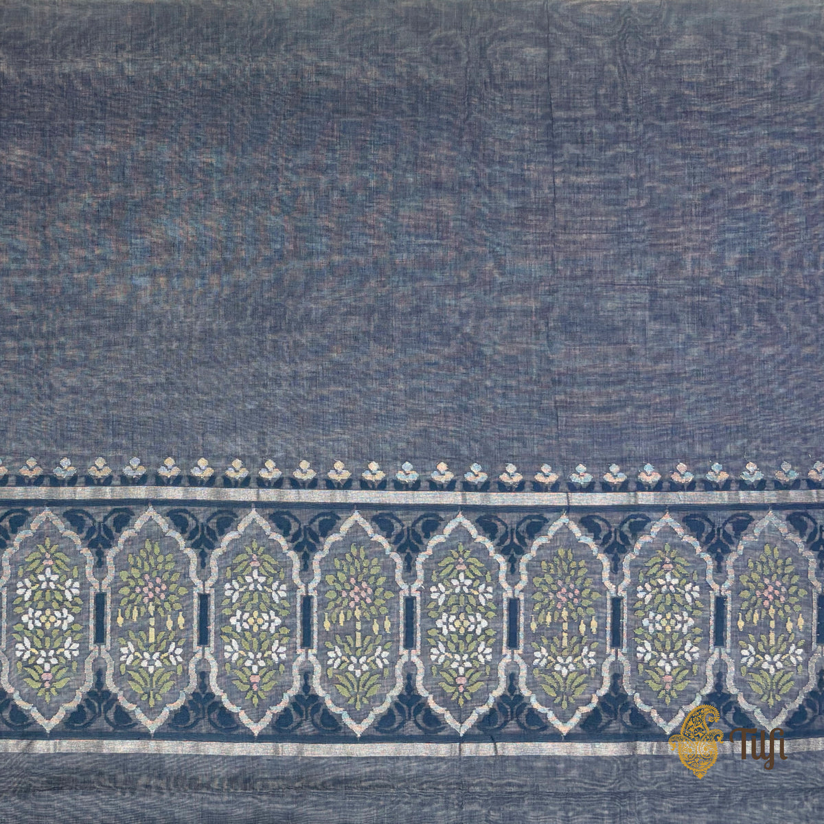 'Mala' Navy Blue Pure Cotton Jamdani Real Zari Banarasi Handloom Saree