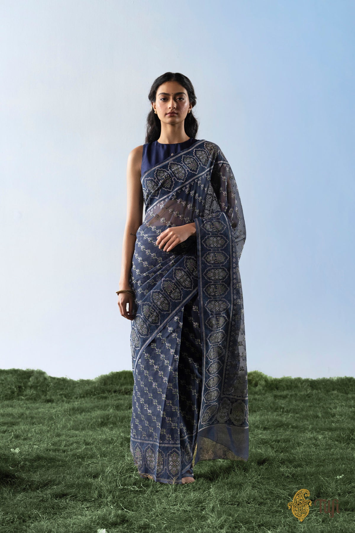 'Mala' Navy Blue Pure Cotton Jamdani Real Zari Banarasi Handloom Saree