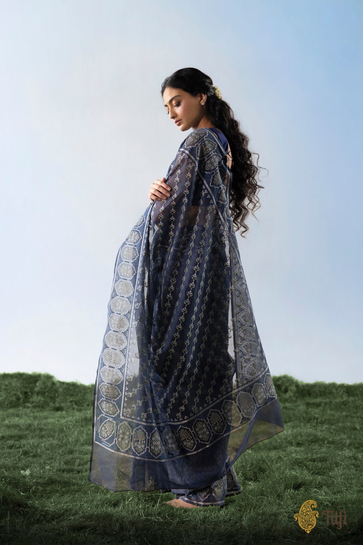 'Mala' Navy Blue Pure Cotton Jamdani Real Zari Banarasi Handloom Saree