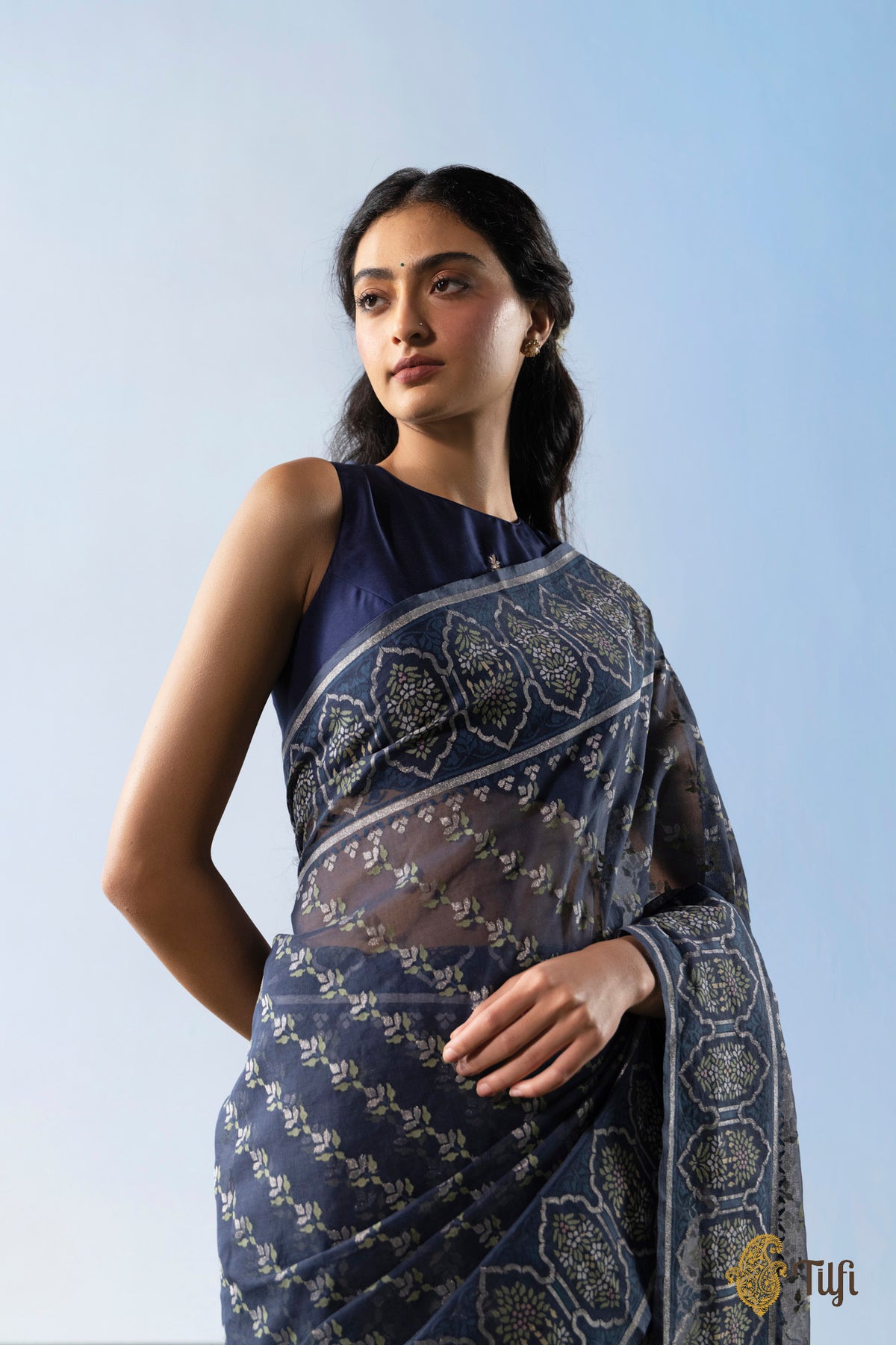 'Mala' Navy Blue Pure Cotton Jamdani Real Zari Banarasi Handloom Saree