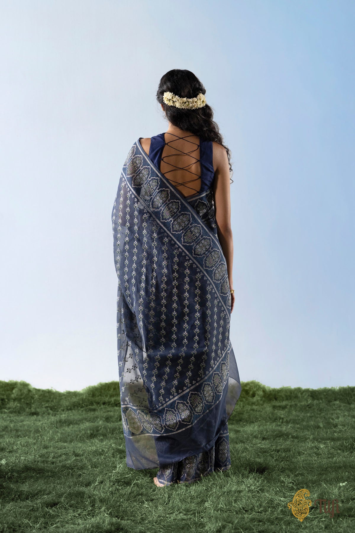 'Mala' Navy Blue Pure Cotton Jamdani Real Zari Banarasi Handloom Saree