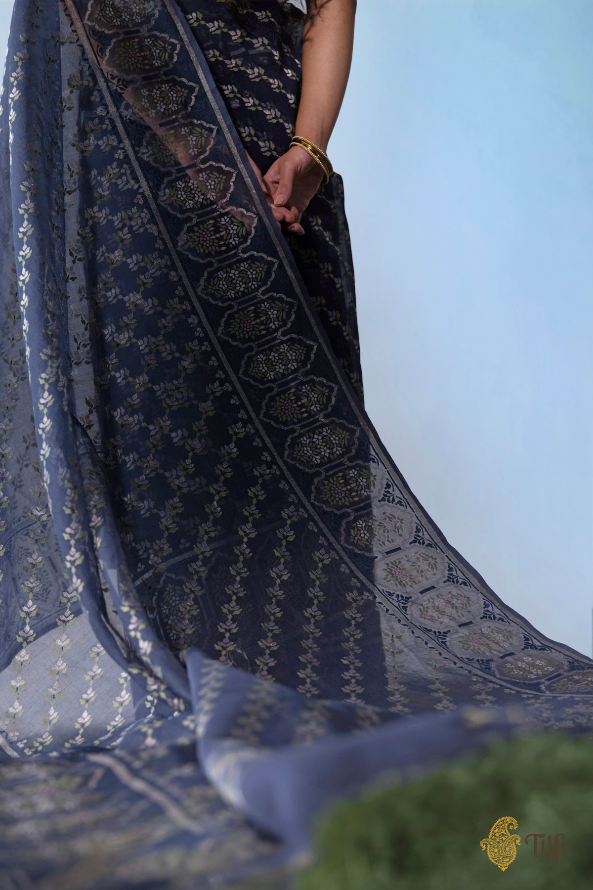 'Mala' Navy Blue Pure Cotton Jamdani Real Zari Banarasi Handloom Saree
