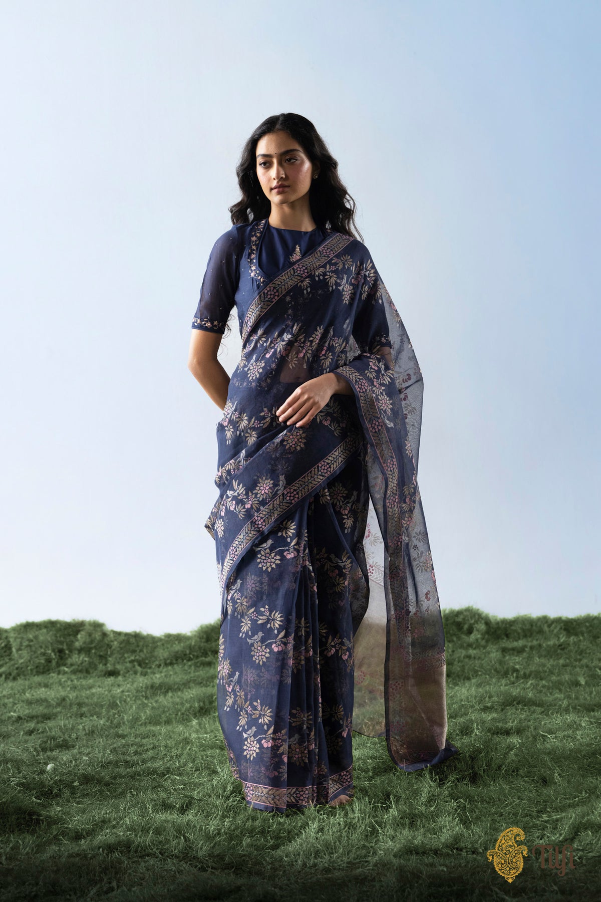 'Latika' Navy Blue Pure Cotton Jamdani Real Zari Banarasi Handloom Saree