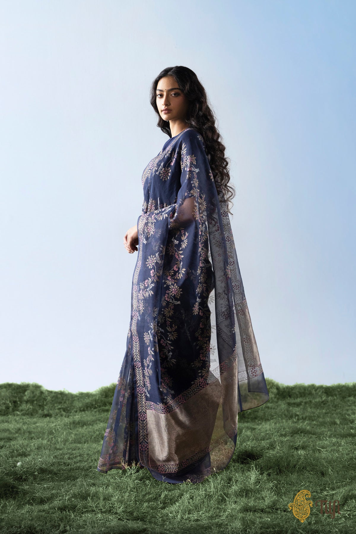 'Latika' Navy Blue Pure Cotton Jamdani Real Zari Banarasi Handloom Saree