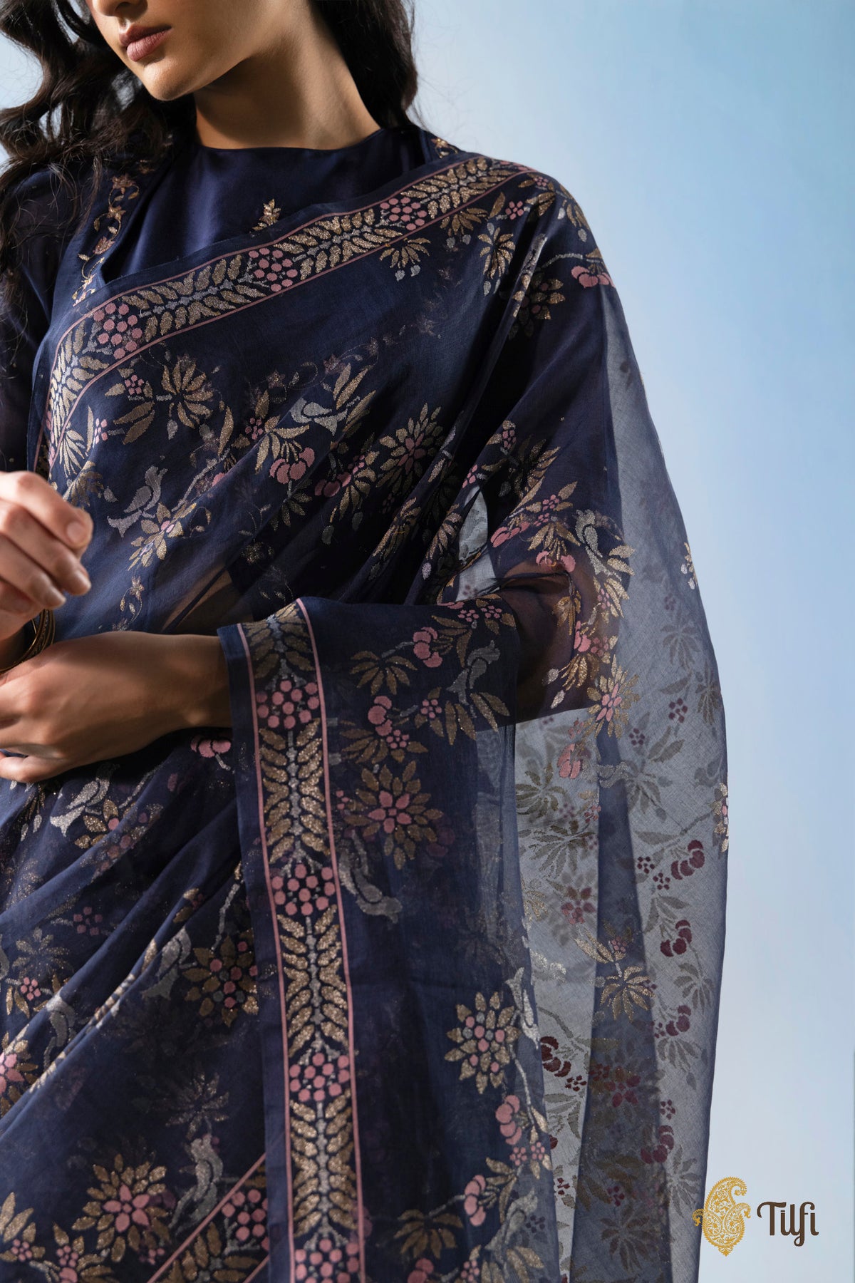'Latika' Navy Blue Pure Cotton Jamdani Real Zari Banarasi Handloom Saree