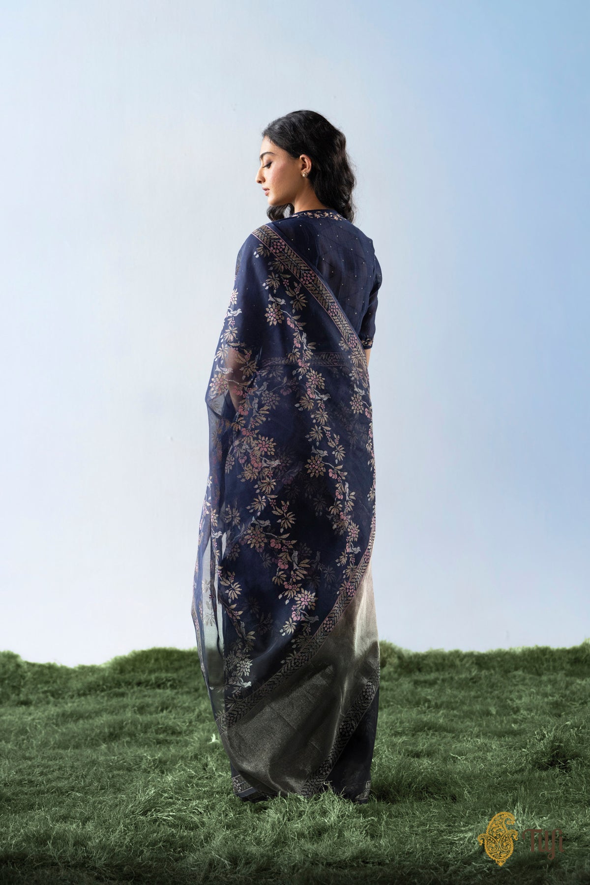'Latika' Navy Blue Pure Cotton Jamdani Real Zari Banarasi Handloom Saree