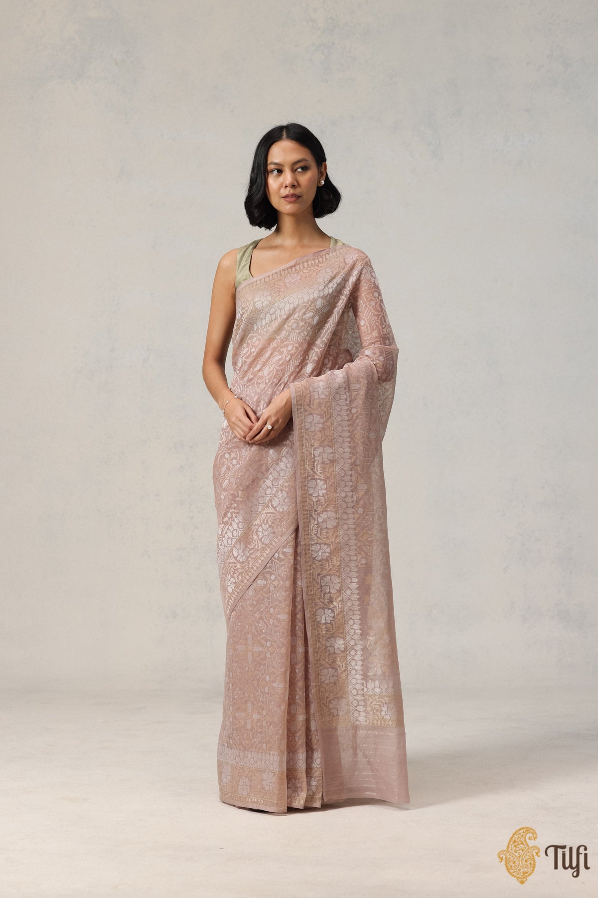 Pre-Order: Desert Brown Pure Cotton Jamdani Real Zari Banarasi Handloom Saree