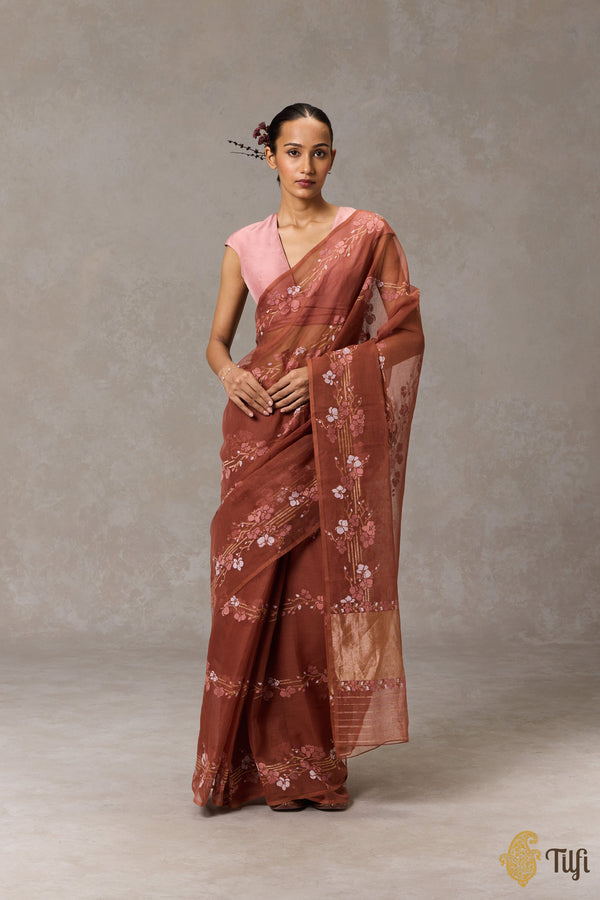 'Aki' Caramel Brown Pure Cotton Jamdani Real Zari Banarasi Handloom Saree