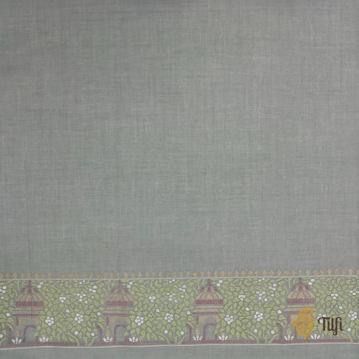 'Radhika' Sage Grey Pure Cotton Jamdani Real Zari Banarasi Handloom Saree