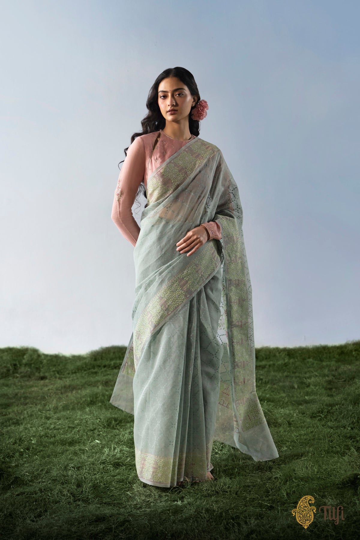 Pre-Order: 'Radhika' Sage Grey Pure Cotton Jamdani Real Zari Banarasi Handloom Saree