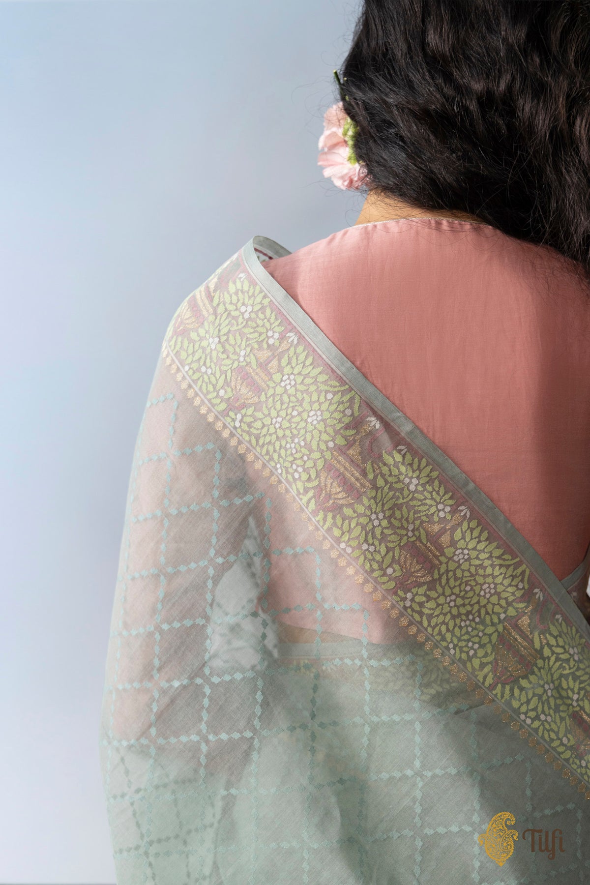 Pre-Order: 'Radhika' Sage Grey Pure Cotton Jamdani Real Zari Banarasi Handloom Saree