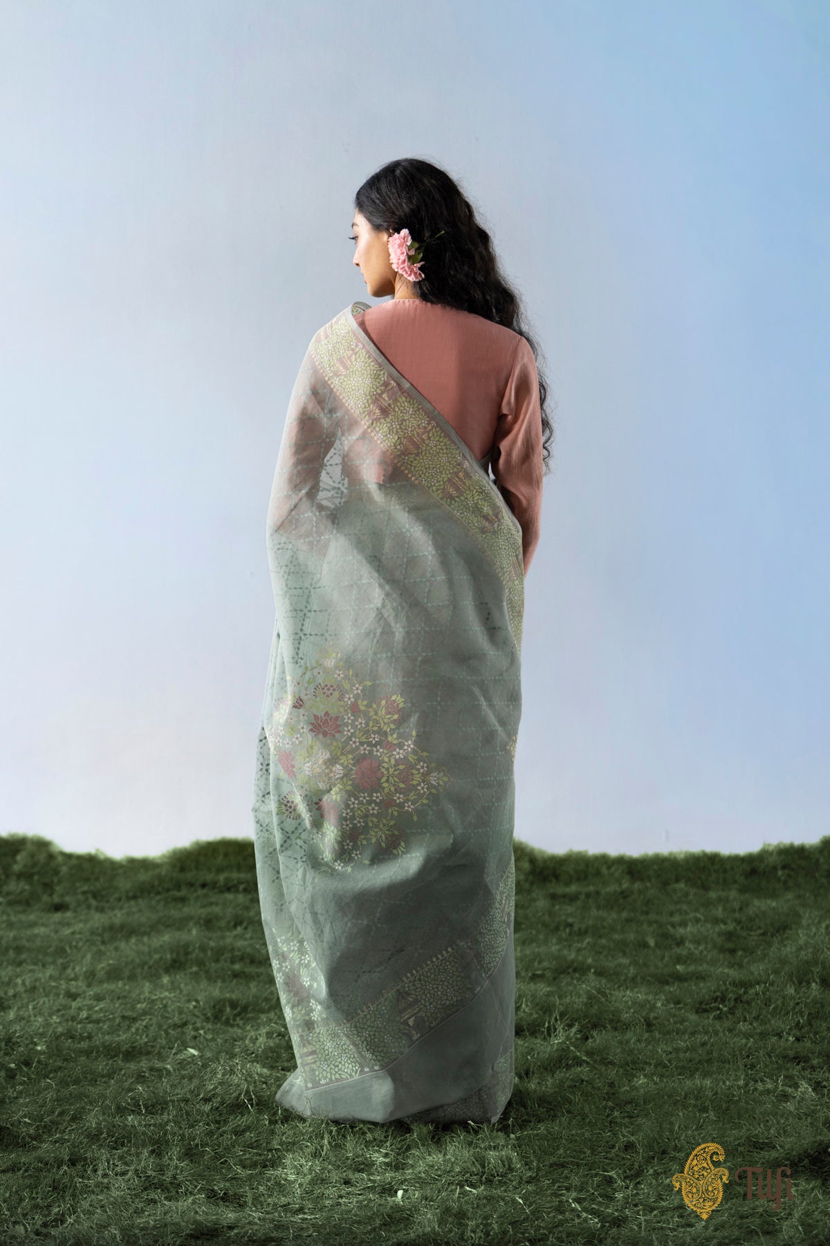 Pre-Order: 'Radhika' Sage Grey Pure Cotton Jamdani Real Zari Banarasi Handloom Saree