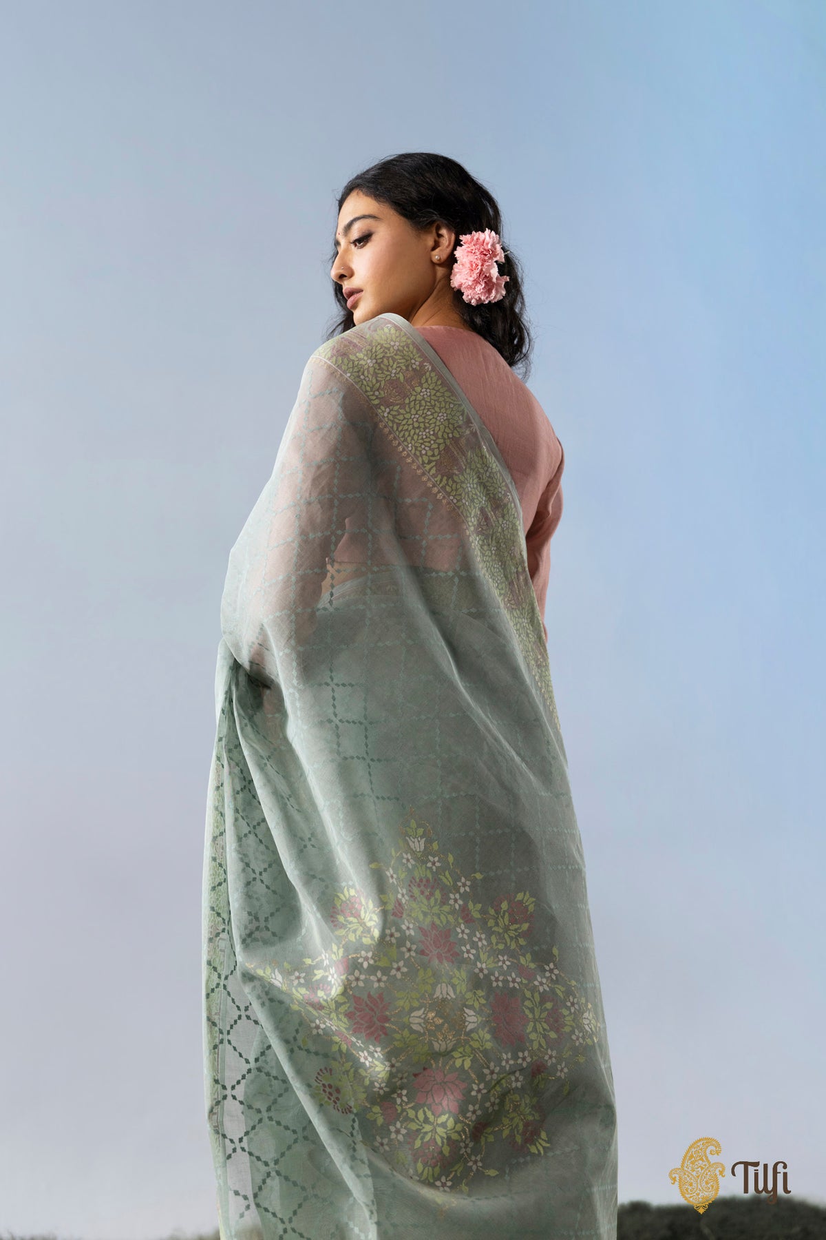 Pre-Order: 'Radhika' Sage Grey Pure Cotton Jamdani Real Zari Banarasi Handloom Saree
