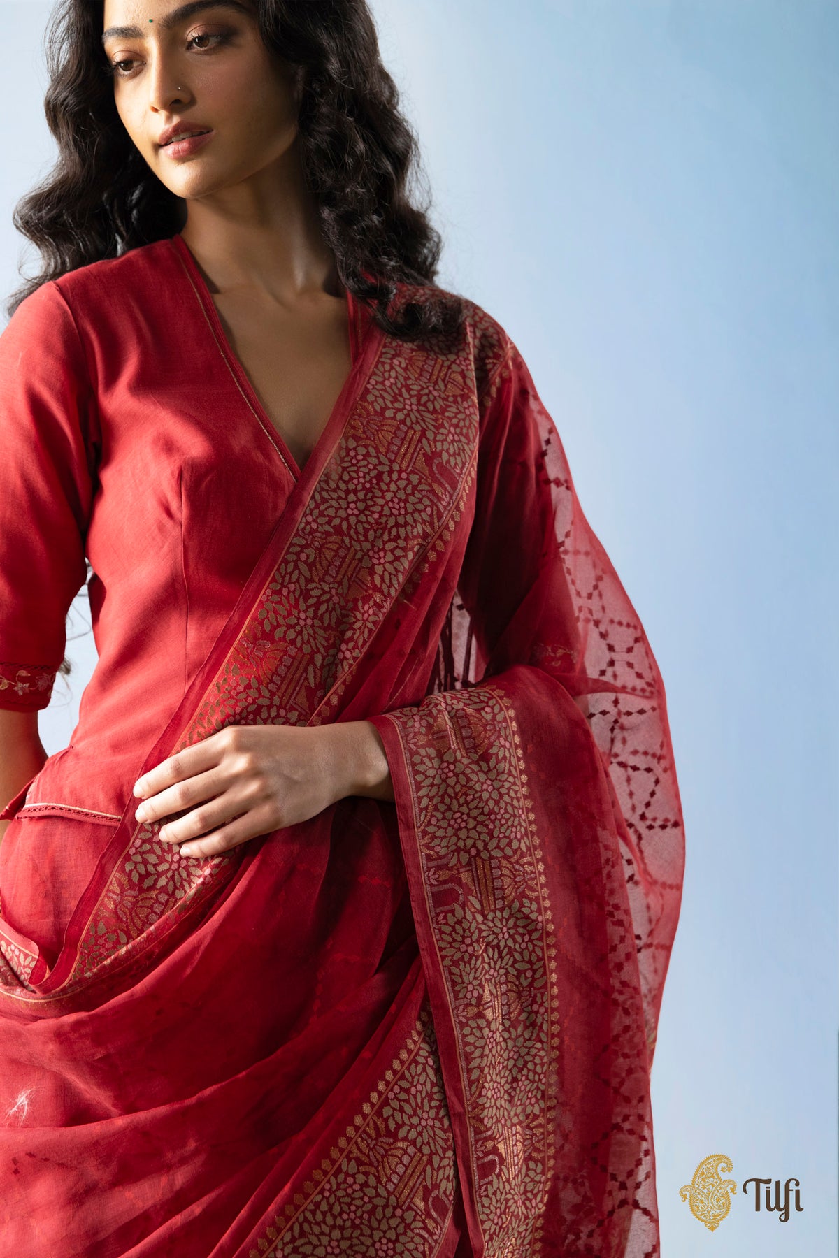 Pre-Order: 'Radhika' Red Pure Cotton Jamdani Real Zari Banarasi Handloom Saree