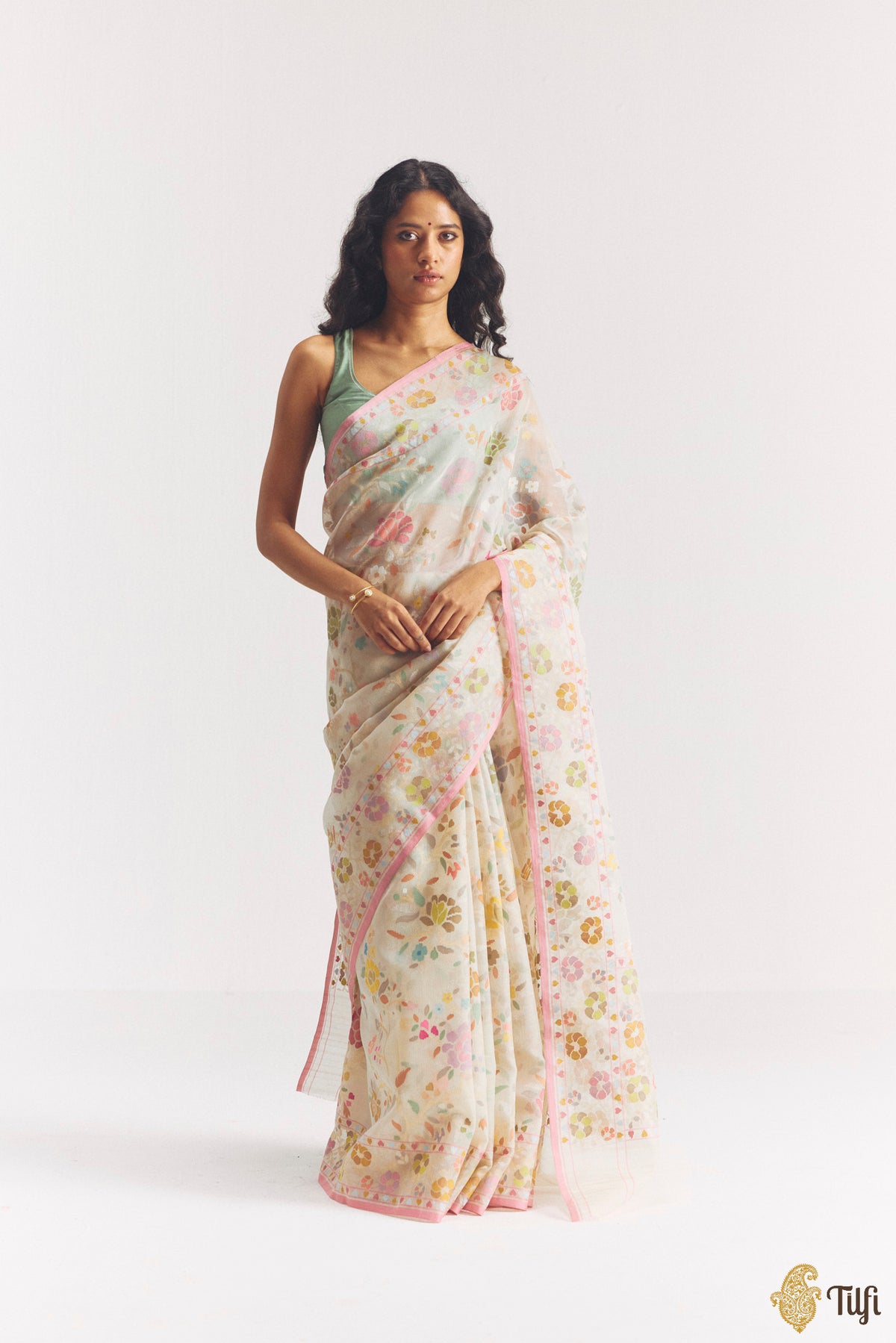 'Damyanti' Off-White Kora Silk Ektara Jamdani Real Zari Banarasi Handloom Saree