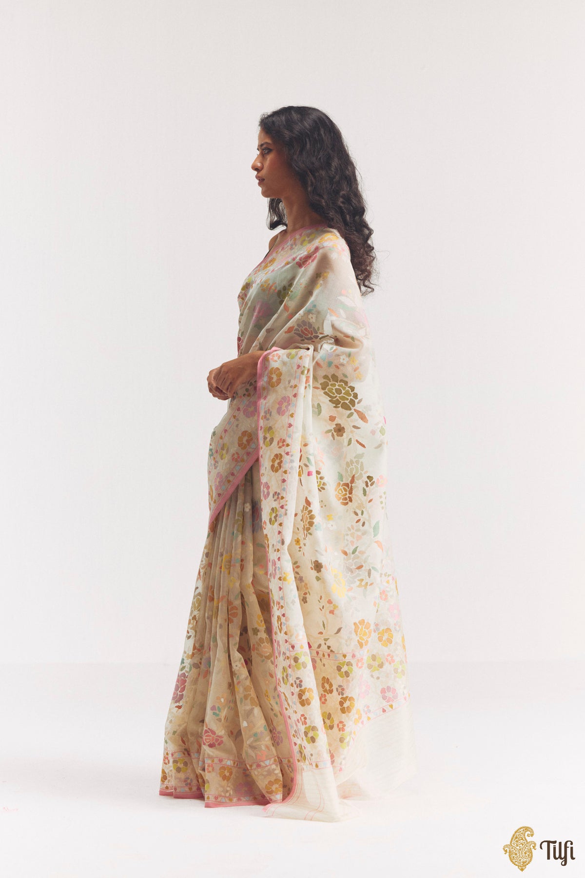 'Damyanti' Off-White Kora Silk Ektara Jamdani Real Zari Banarasi Handloom Saree