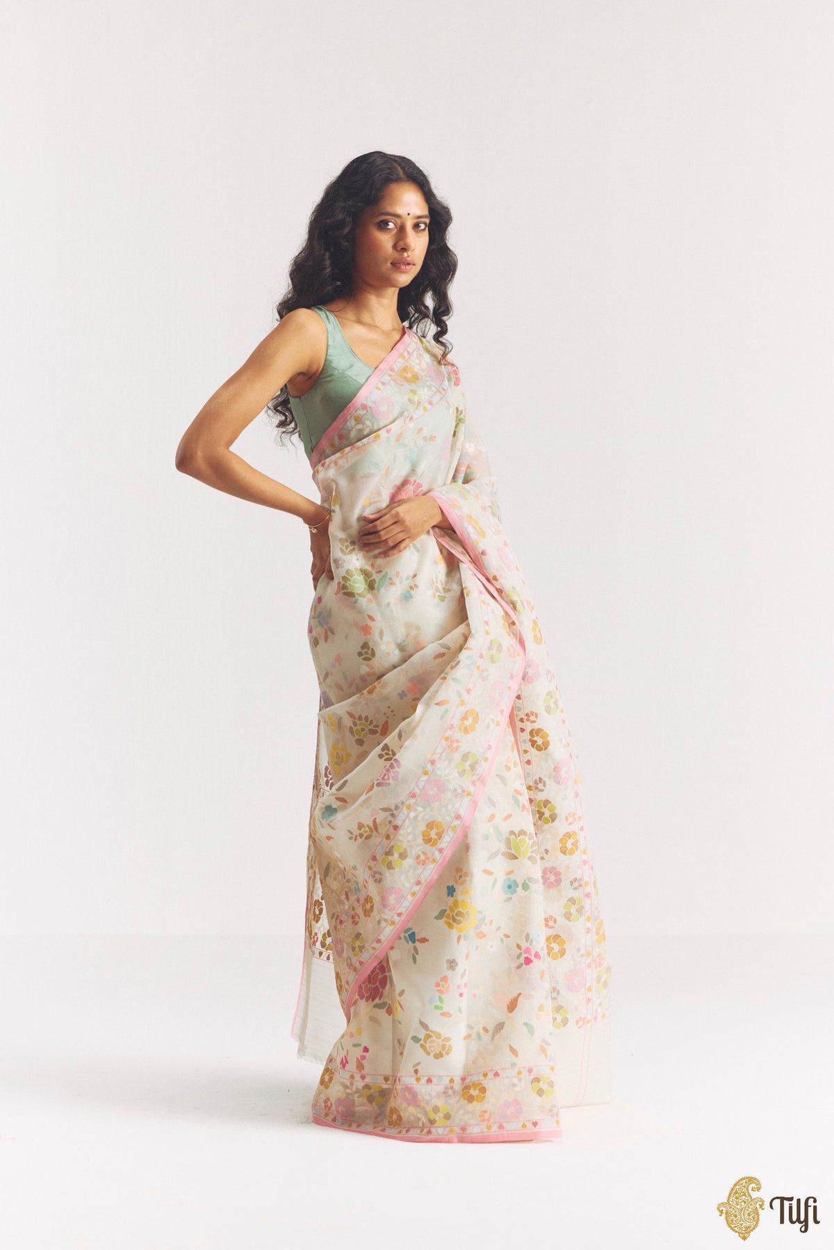 'Damyanti' Off-White Kora Silk Ektara Jamdani Real Zari Banarasi Handloom Saree