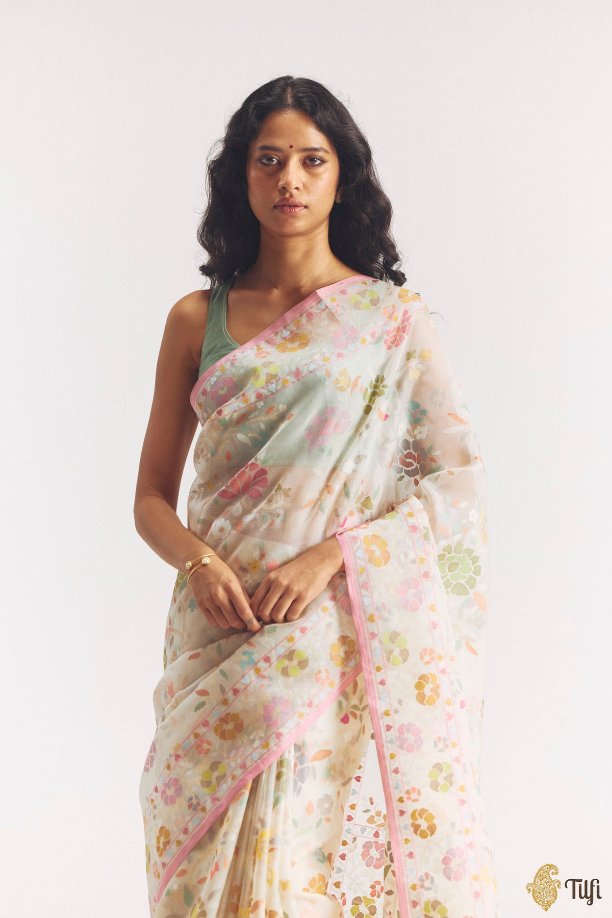 'Damyanti' Off-White Kora Silk Ektara Jamdani Real Zari Banarasi Handloom Saree