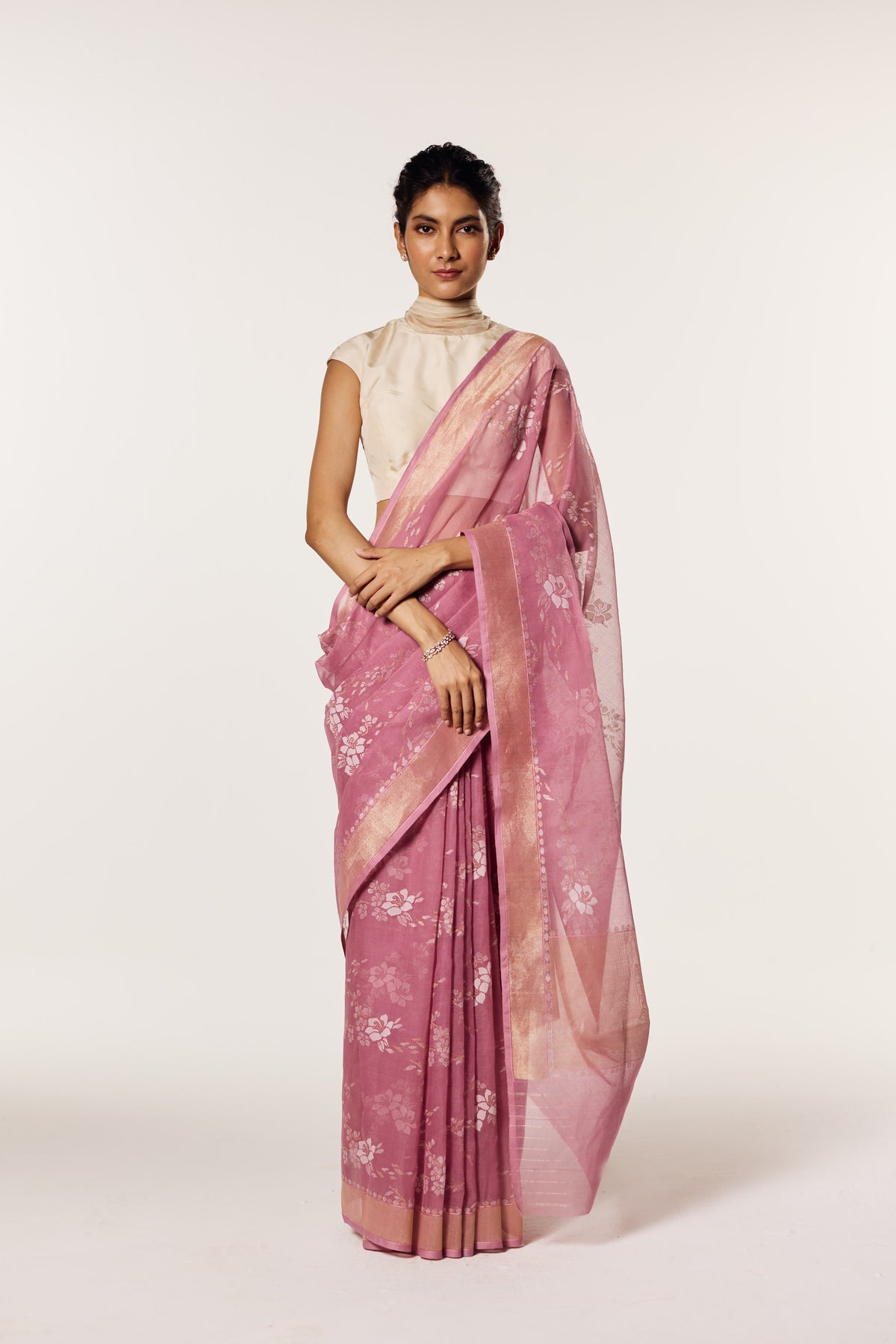 Pre-Order: 'Mori' Old Rose Pink Pure Cotton Jamdani Real Zari Banarasi Handloom Saree