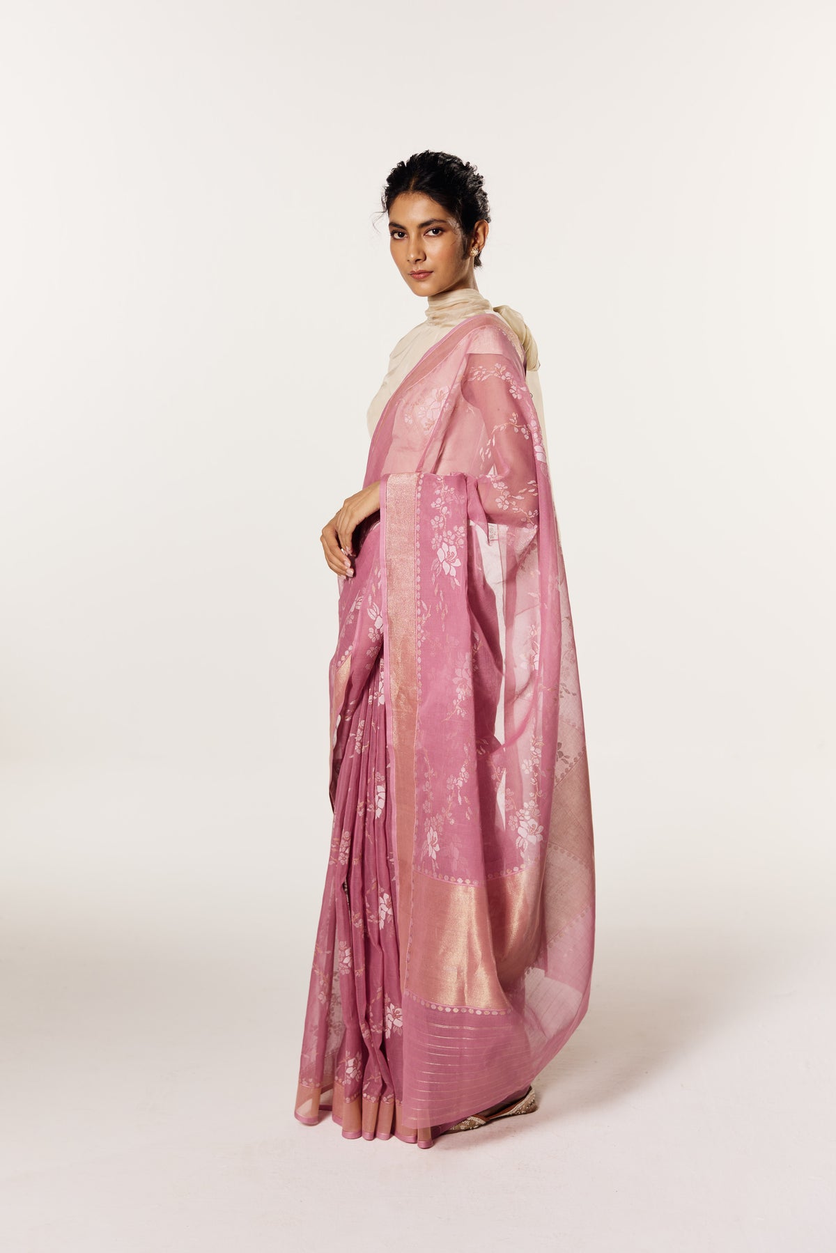 Pre-Order: 'Mori' Old Rose Pink Pure Cotton Jamdani Real Zari Banarasi Handloom Saree