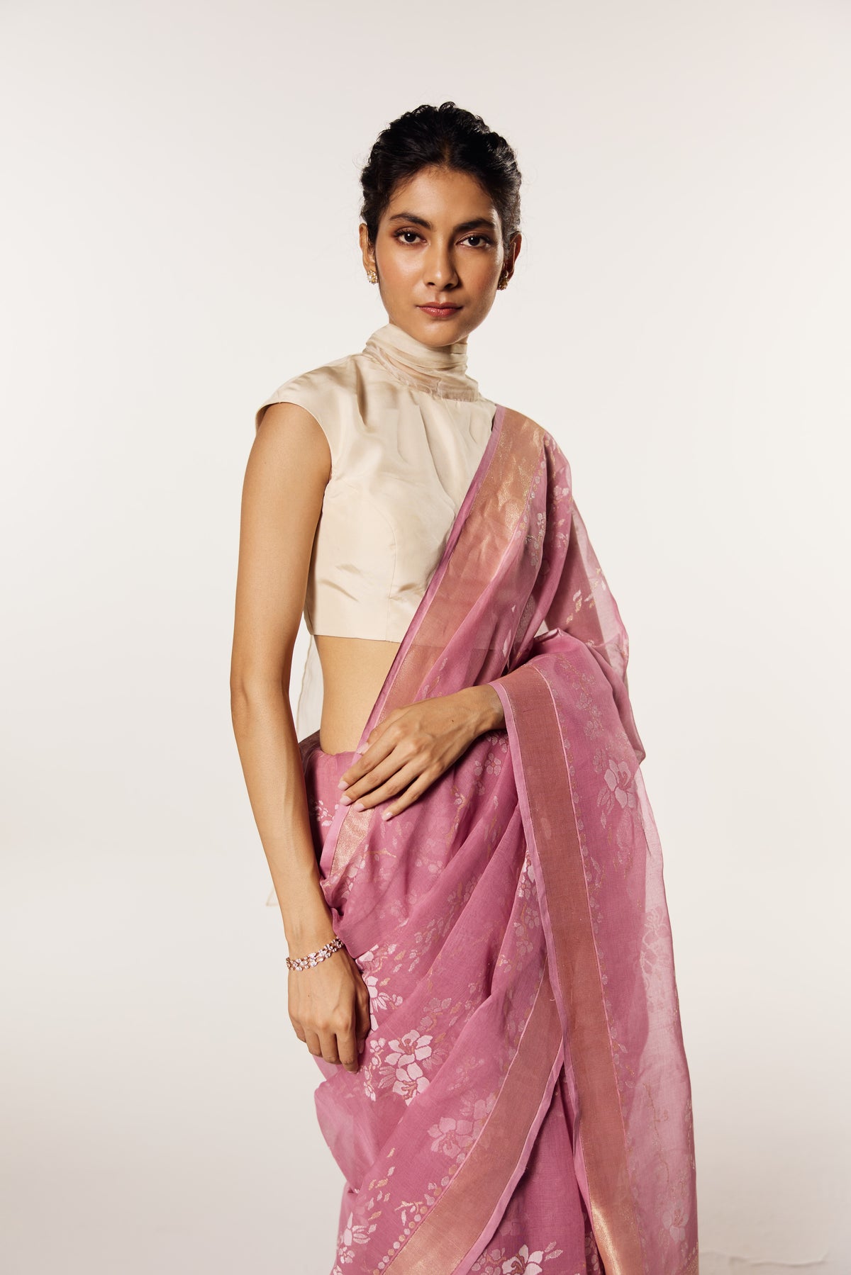 Pre-Order: 'Mori' Old Rose Pink Pure Cotton Jamdani Real Zari Banarasi Handloom Saree
