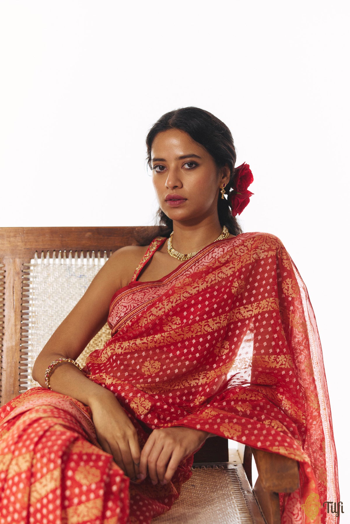 'Nikita' Red Pure Cotton Jamdani Real Zari Banarasi Handloom Saree