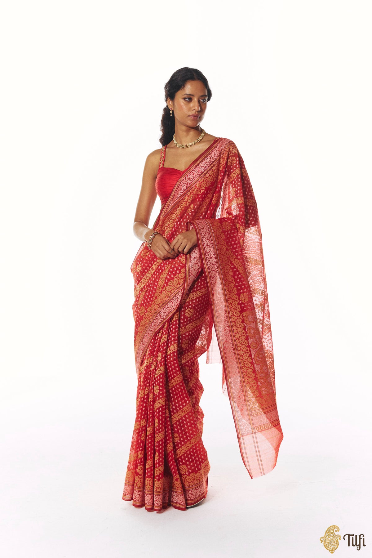 'Nikita' Red Pure Cotton Jamdani Real Zari Banarasi Handloom Saree
