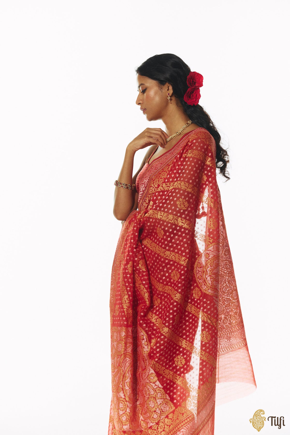 'Nikita' Red Pure Cotton Jamdani Real Zari Banarasi Handloom Saree