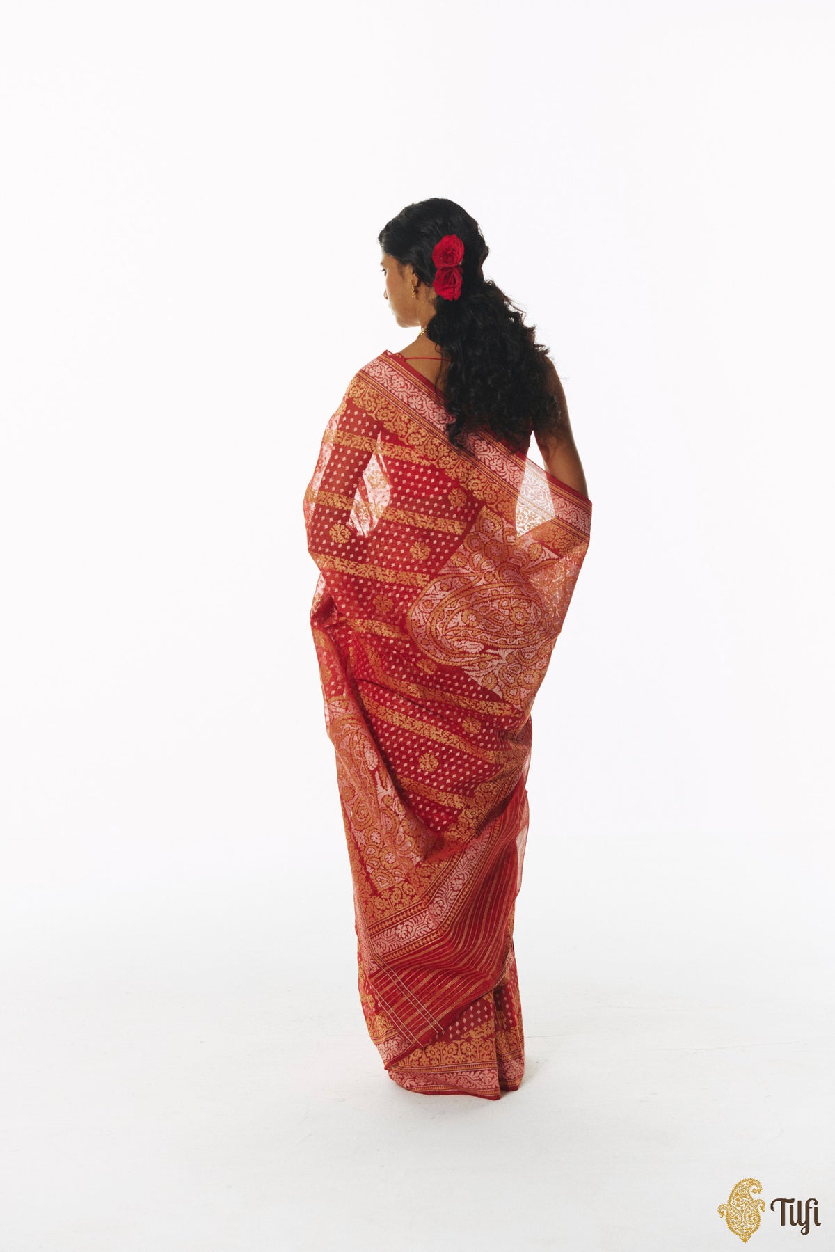 'Nikita' Red Pure Cotton Jamdani Real Zari Banarasi Handloom Saree