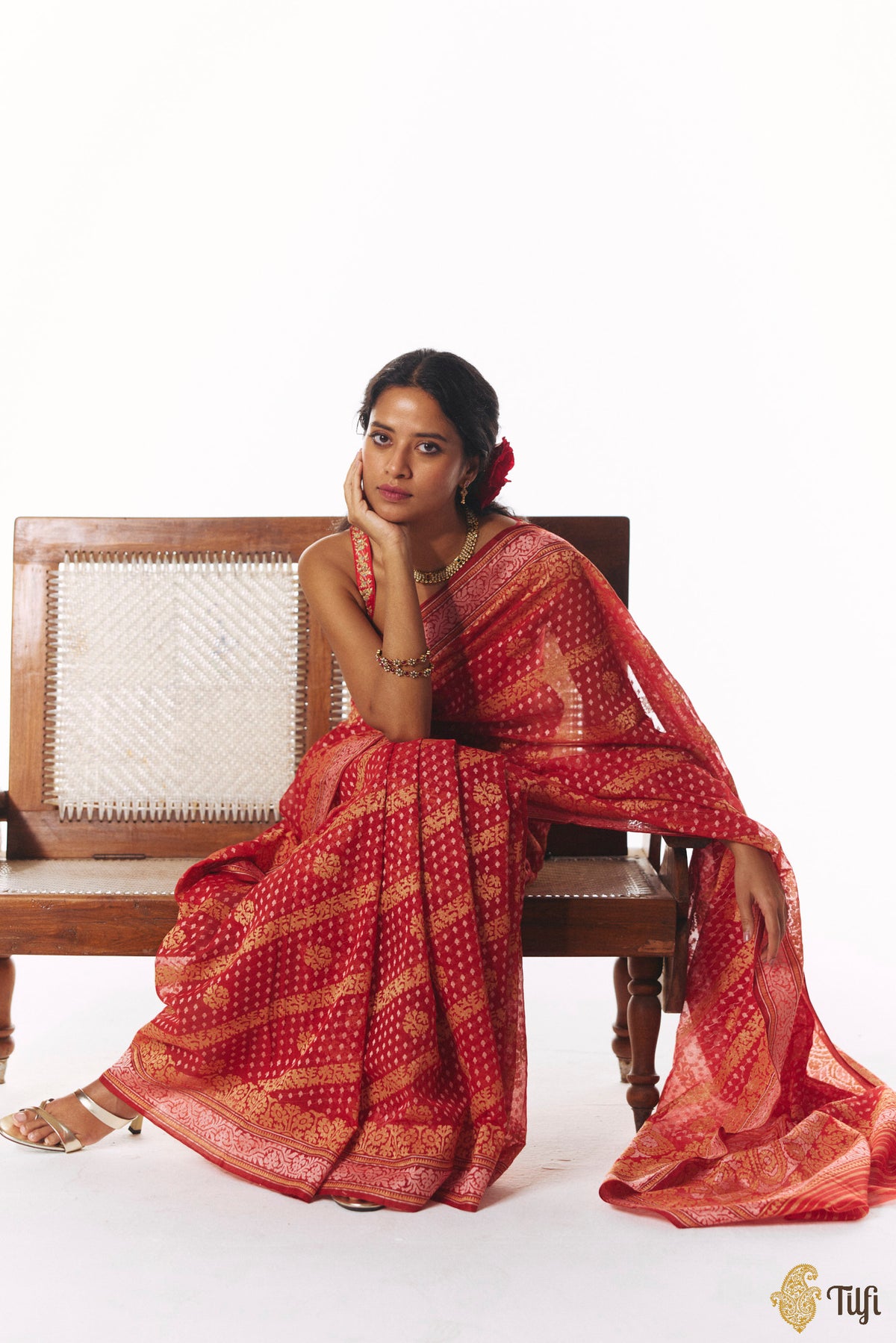 'Nikita' Red Pure Cotton Jamdani Real Zari Banarasi Handloom Saree