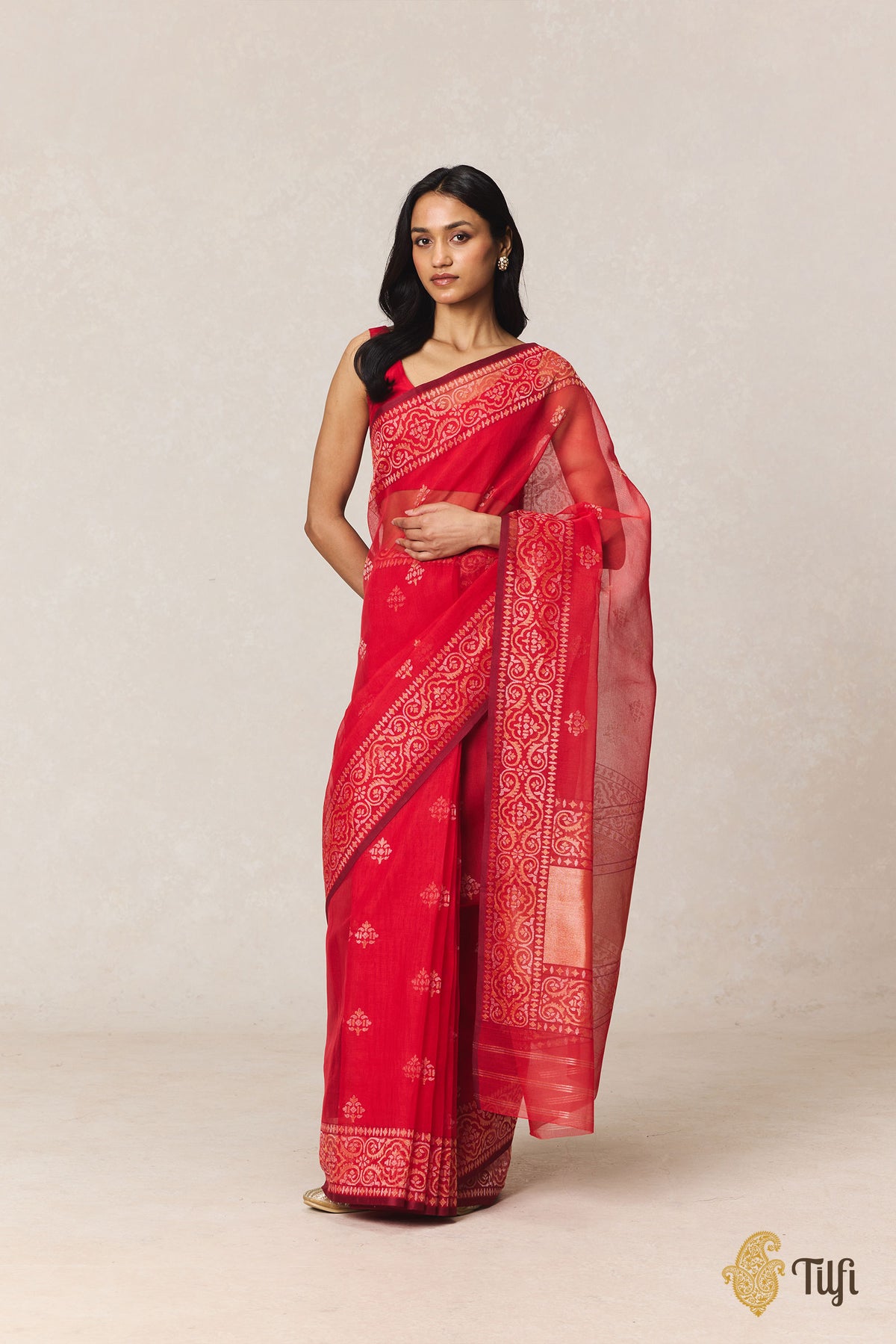 Red Pure Cotton Jamdani Real Zari Banarasi Handloom Saree