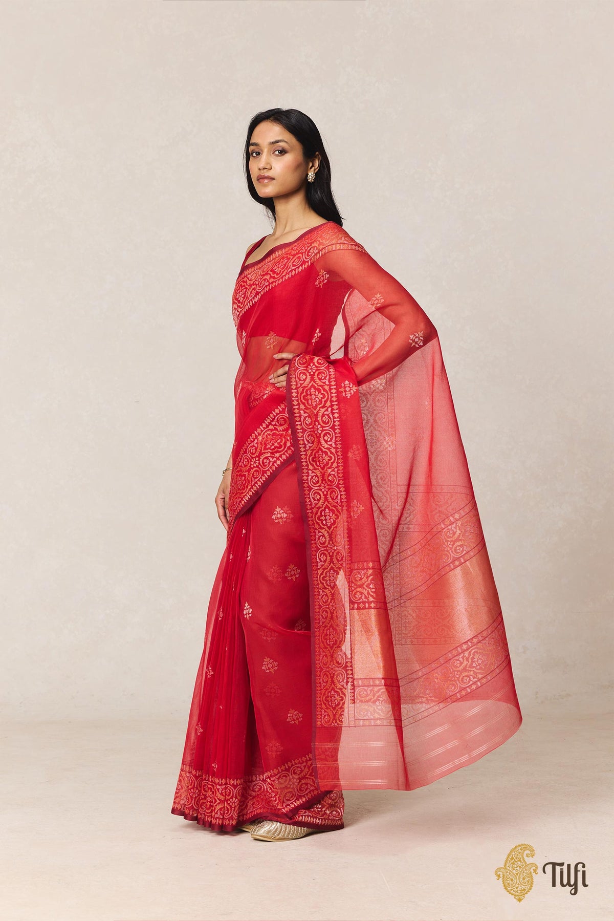 Red Pure Cotton Jamdani Real Zari Banarasi Handloom Saree