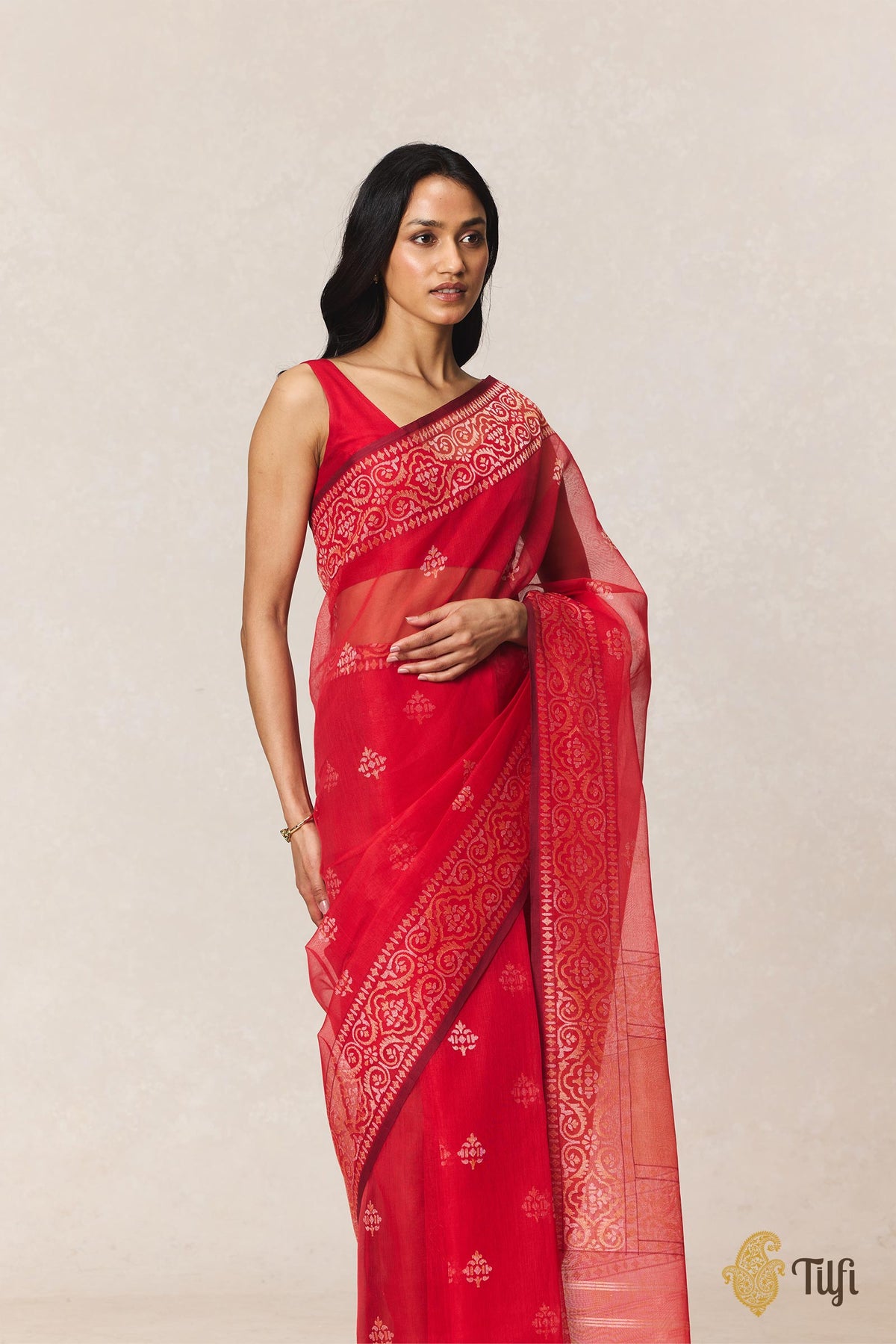 Red Pure Cotton Jamdani Real Zari Banarasi Handloom Saree
