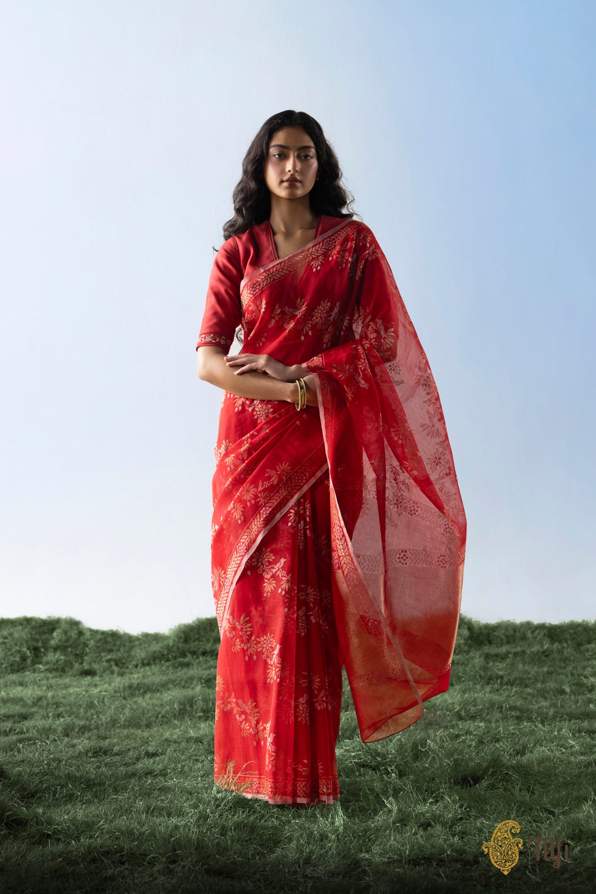 Pre-Order: 'Latika' Red Pure Cotton Jamdani Real Zari Banarasi Handloom Saree