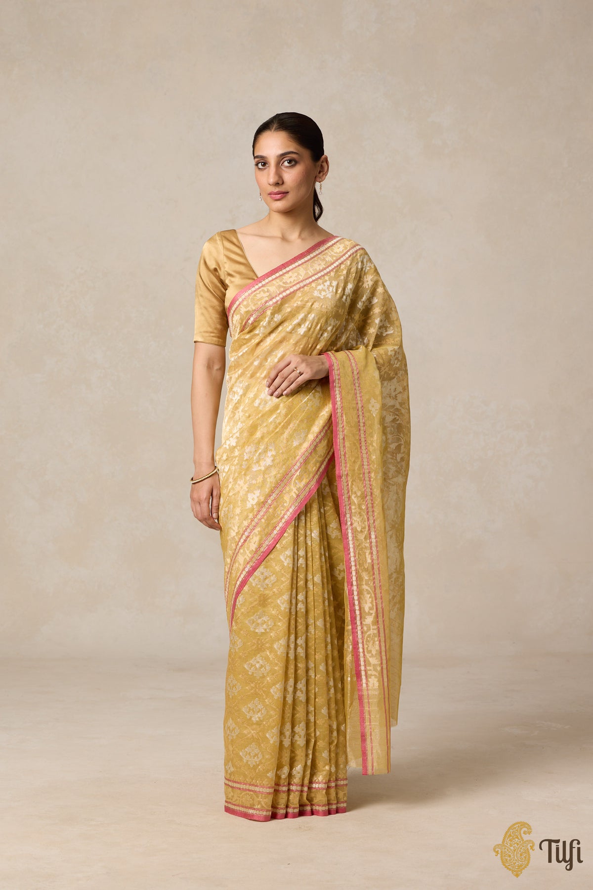 Pre-Order: &#39;Kairavi&#39; Mustard Pure Cotton Tissue Real Zari Banarasi Handloom Saree