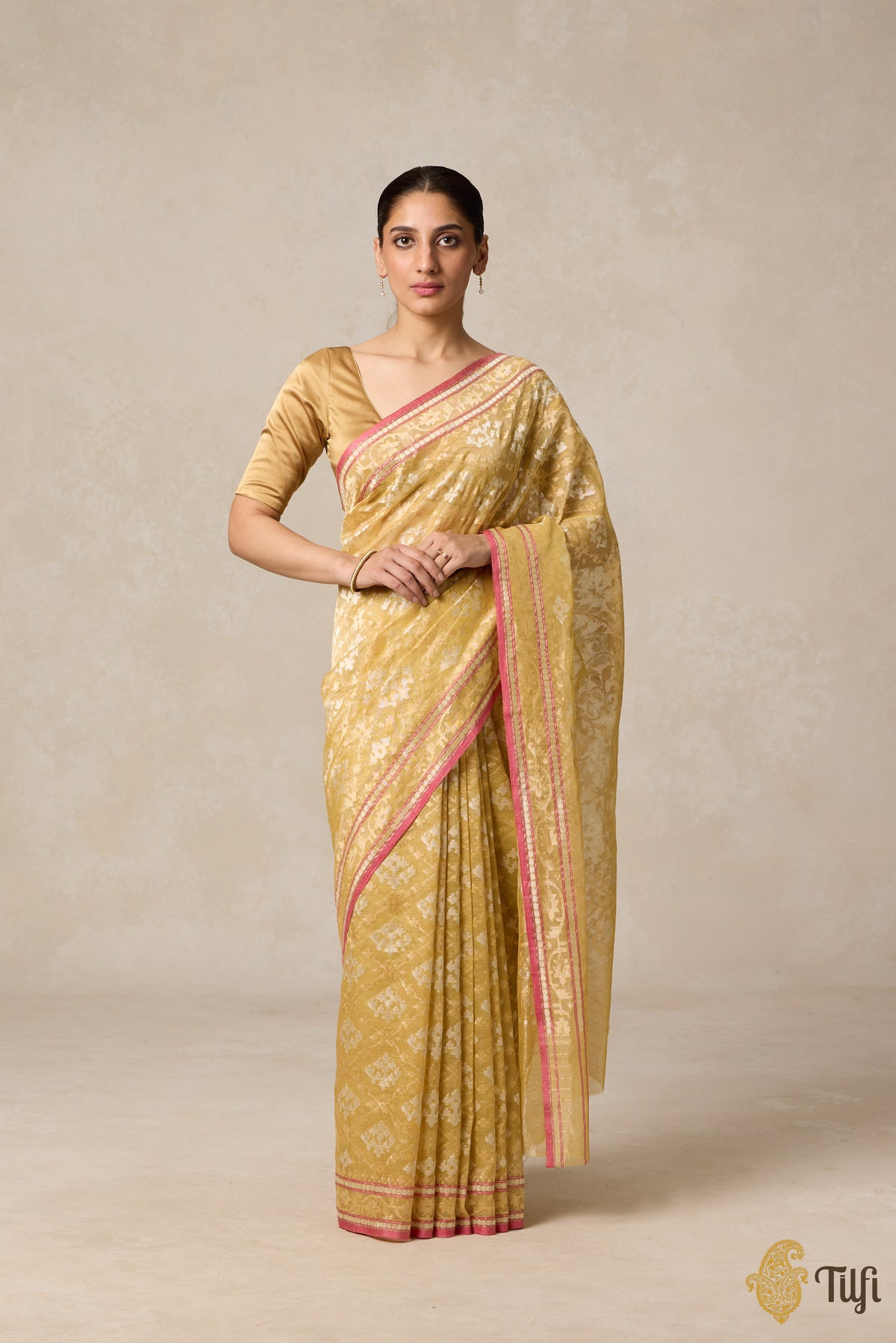 Pre-Order: &#39;Kairavi&#39; Mustard Pure Cotton Tissue Real Zari Banarasi Handloom Saree