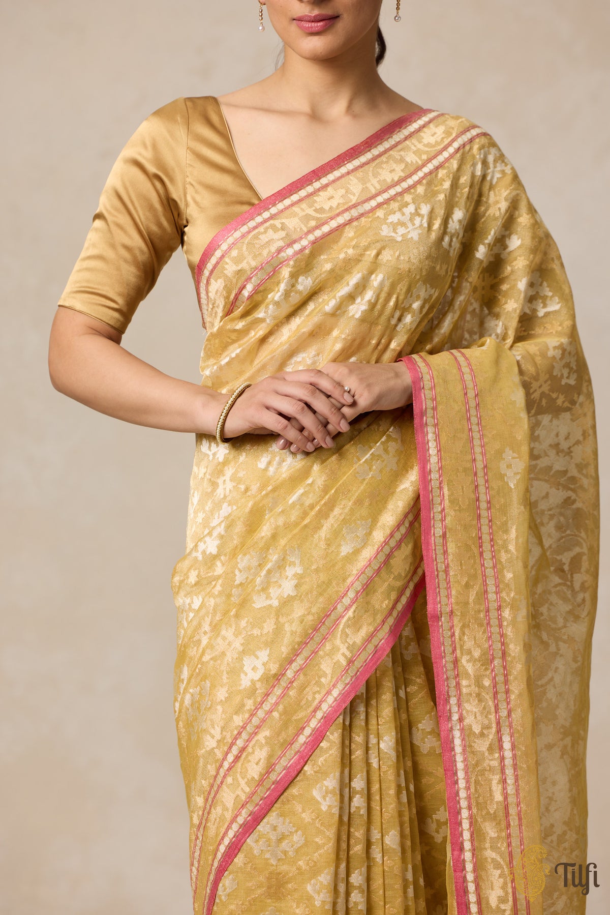 Pre-Order: &#39;Kairavi&#39; Mustard Pure Cotton Tissue Real Zari Banarasi Handloom Saree