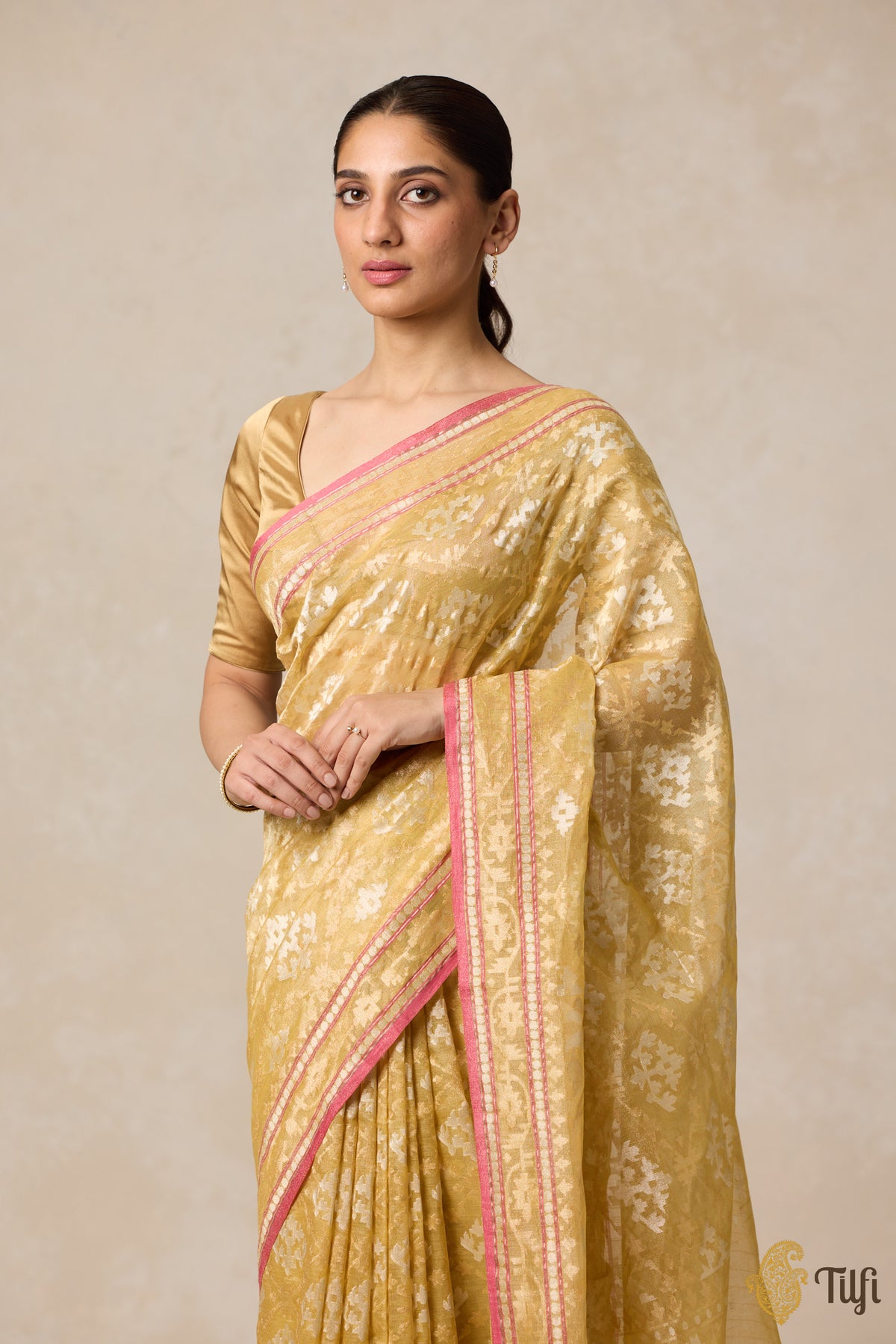 Pre-Order: &#39;Kairavi&#39; Mustard Pure Cotton Tissue Real Zari Banarasi Handloom Saree