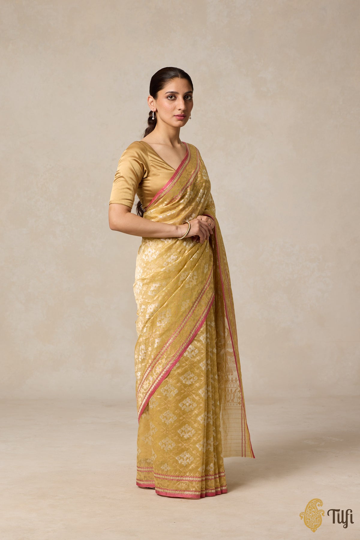 Pre-Order: &#39;Kairavi&#39; Mustard Pure Cotton Tissue Real Zari Banarasi Handloom Saree