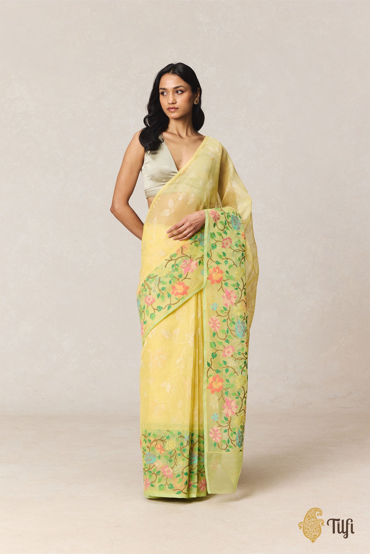 Yellow Pure Cotton Jamdani Real Zari Banarasi Handloom Saree