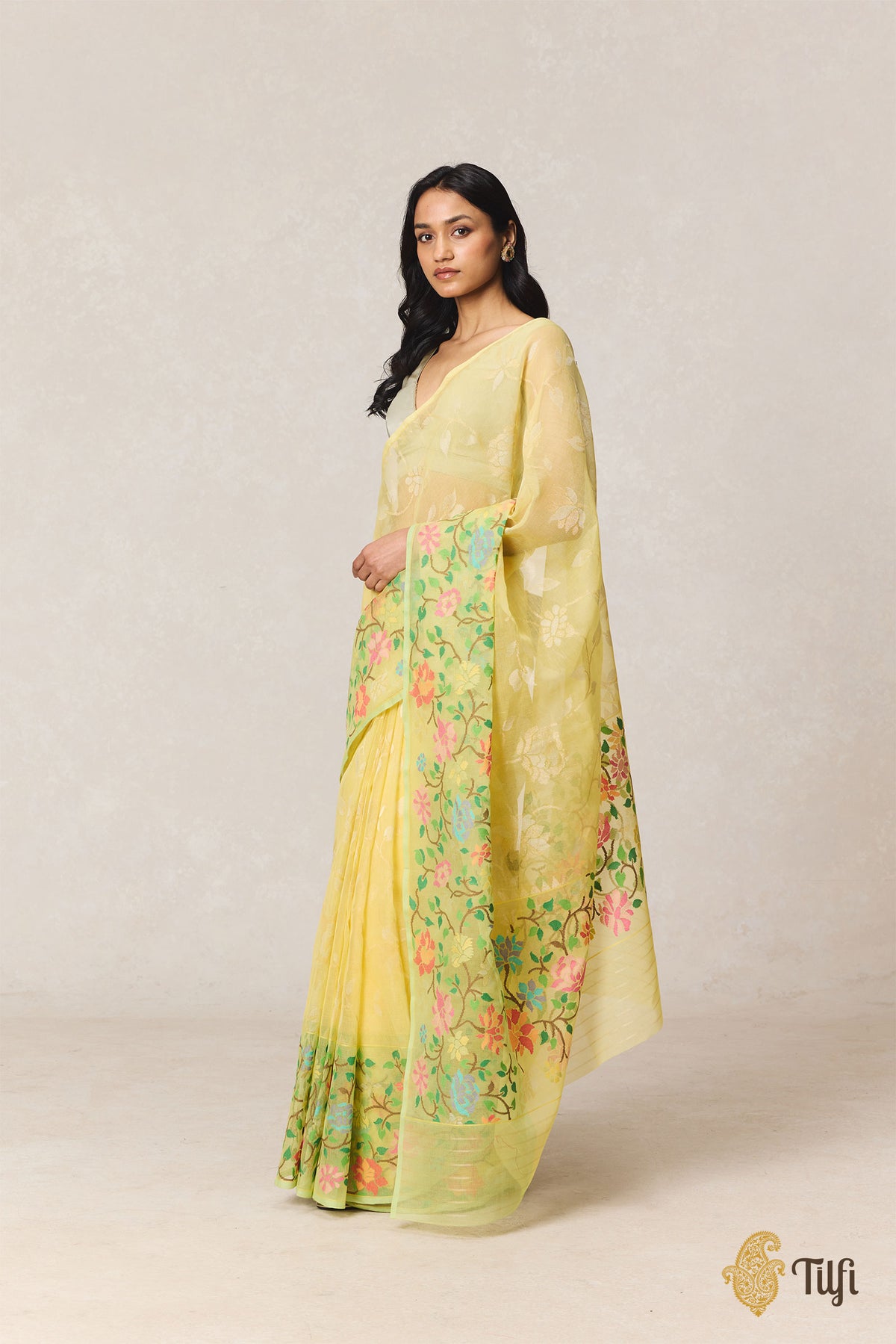 Yellow Pure Cotton Jamdani Real Zari Banarasi Handloom Saree