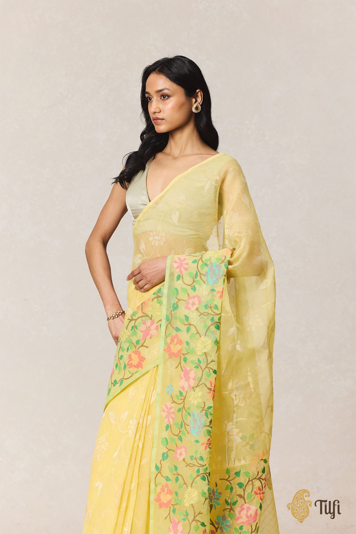 Yellow Pure Cotton Jamdani Real Zari Banarasi Handloom Saree