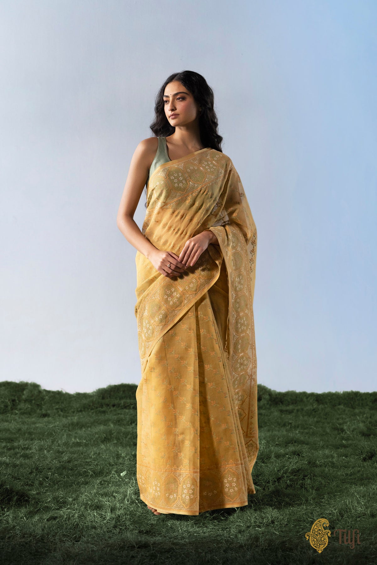 Pre-Order: 'Mala' Mustard Yellow Pure Cotton Jamdani Real Zari Banarasi Handloom Saree